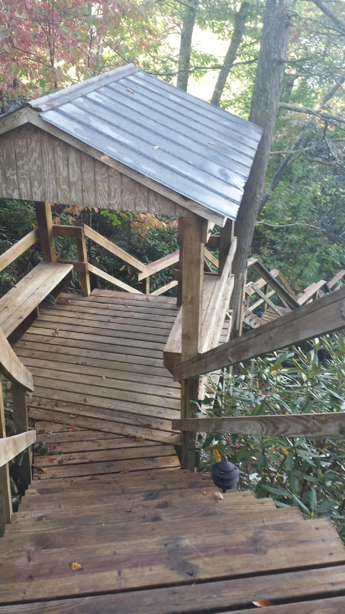 Metal roofed shelter over wooden steps on a wooded walkway — Skylight Repair & Installation work by our crew in Sacred Heart